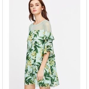 Palm Leaf Print Sheer Shoulder Ruffle Sleeve Dress